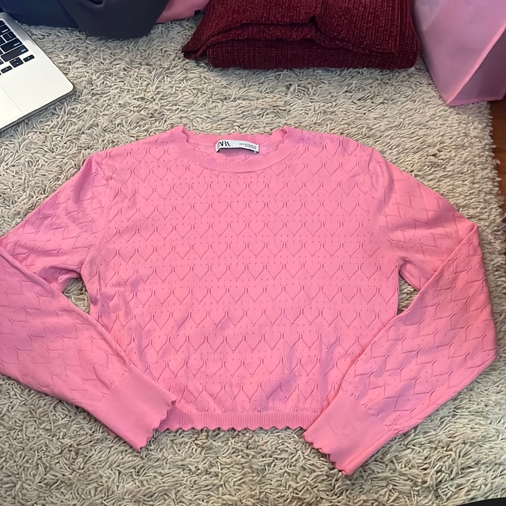 Zara Pink Scalloped Pointelle Long-Sleeve crop sweater medium